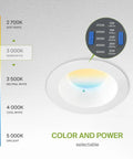 6 Inch Led Downlight Recessed Ceiling Light 8 Pack With Emergency Battery Backup showcasing color and wattage adjustments.