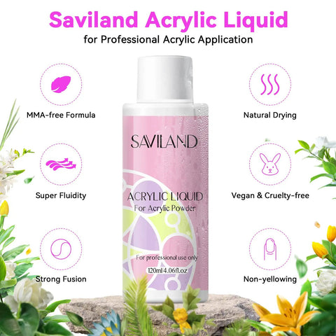 Saviland acrylic liquid bottle on floral background highlighting features like MMA-free, super fluidity, and vegan formula.