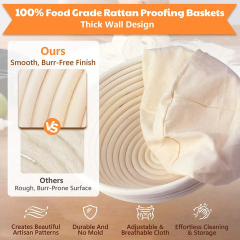 Complete Sourdough Baking Kit With Scale And Banneton Proving Baskets showing smooth rattan finish and linen covers.