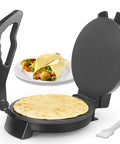 FineMade 10 Inch Electric Roti Maker Machine With Precision Temp Control Detachable Handle Black cooking flatbread on heated plate