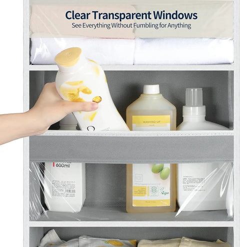 Game Changing Over The Door Organizer With Six Hella Roomy Clear Pockets For Sneakers Accessories And Daily Gear Heavy Duty Hanging Closet Rack To Declutter Any Tight Room Today, showing clear pockets with items inside.