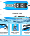 Rad High Speed RC Boat For Adults Up To 20 MPH with 2 Batteries and Reverse 24GHz Remote Controller, side view, dimensions shown