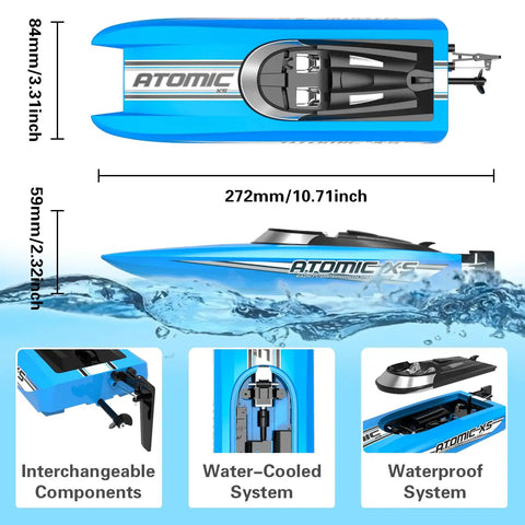 Rad High Speed RC Boat For Adults Up To 20 MPH with 2 Batteries and Reverse 24GHz Remote Controller, side view, dimensions shown