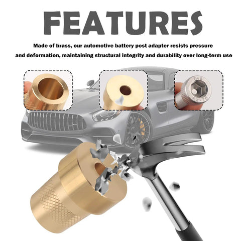 Two Pack Heavy Duty Solid Brass Car Battery Terminal Adapters Convert Side Posts To Top Mount For 12V Auto Batteries With Hardware close-up with wrench.
