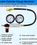 JoyFans cylinder leak-down tester kit with dual gauges, brass quick coupler, aluminum manifold body, and rubber hose