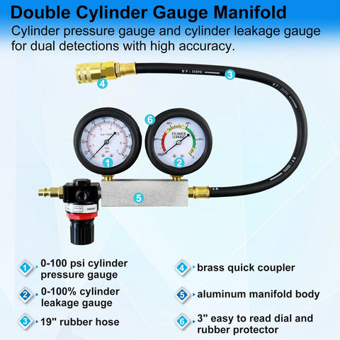 JoyFans cylinder leak-down tester kit with dual gauges, brass quick coupler, aluminum manifold body, and rubber hose