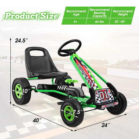 Kids Off Road Pedal Go Kart With Adjustable Seat Dual Safety Brakes EVA Rubber Tires Ride On Outdoor Racer For Boys And Girls Green 40 Inch Long Backyard Thrill Toy dimensions illustration