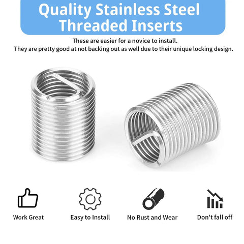 Stainless steel threaded inserts from a 15-Piece Thread Insert Repair Kit For M14x1.5 Female Threads With Drill, Tap, Wrench, Break Pin, Hex Wrench, And Organizer Box For Auto And Mechanical Maintenance