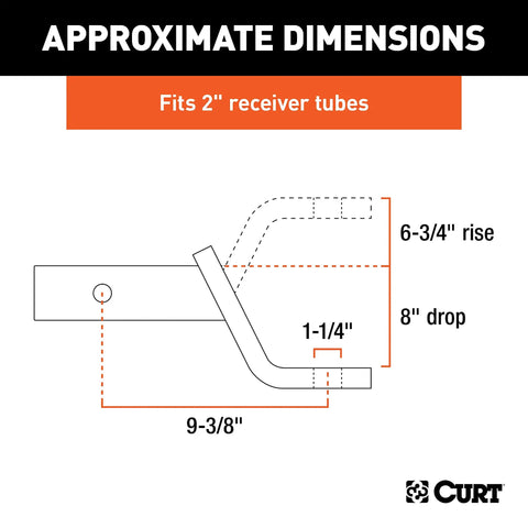 Diagram of Beefed Up 2 Inch Receiver Ball Mount With One And One Quarter Inch Ball Hole, Six And Three Quarter Inch Rise Or Eight Inch Drop