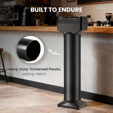 Vertical Electric Espresso Portafilter Cleaner With Knock Box Combo Auto Ground Removal For Home And Cafe Baristas Smooth Daily Grind Cleanup Universal Fit Quick Dump Station in black heavy-duty plastic.