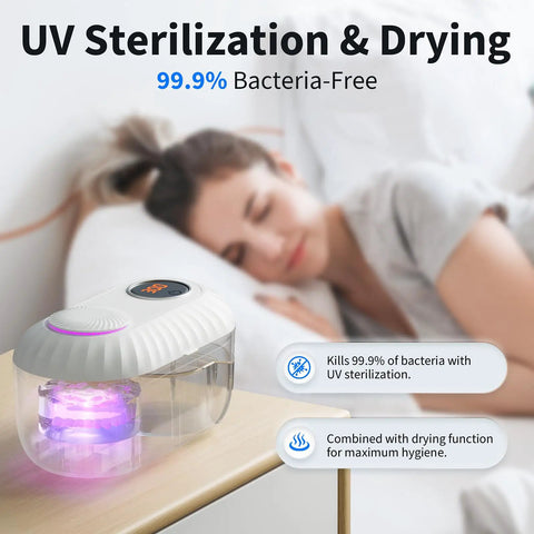 Automatic Denture Cleaner With Drain And Dry No Fuss, 45kHz Cleaning Machine For Dentures Retainers Night Guards Braces And Aligners, Built In Drainage Chamber, Low Noise Design, Hands Free Cleaning And Drying; UV sterilization display