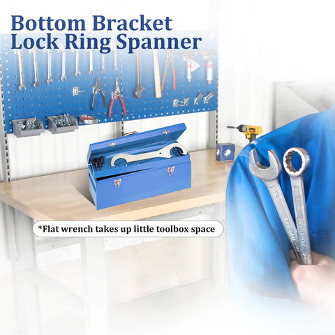 Bottom Bracket Tool For Cup And Cone Bicycle Bottom Brackets Double Sided Lockring Wrench in blue toolbox on workbench