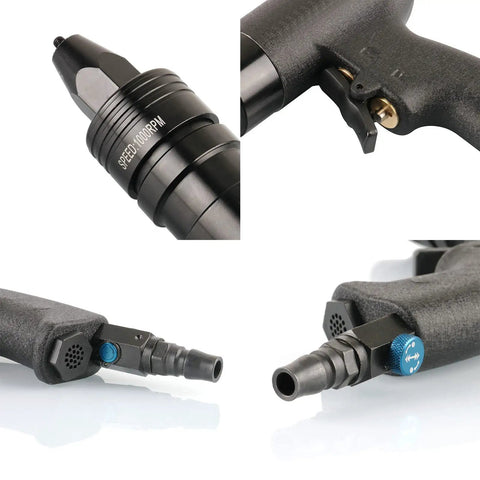 Heavy Duty Pneumatic Rivet Nut Gun Generating Badass Torque With Adjustable Speed And A Self Locking Head For No Sweat Thread Insertion On Sheet Metal Across M5 M6 M8 Sizes close-up of speed adjustment and air connector.