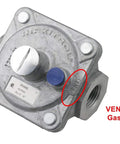 Natural Gas Regulator For Home Gas Lines With One Half Inch Female Pipe Threads And Three Quarter Inch In And Out Openings Delivers Half PSI Inlet And Three To Six Inches Water Column Outlet Rugged Steel Body Easy Install For BBQs And Furnaces, showing vent and connection points.