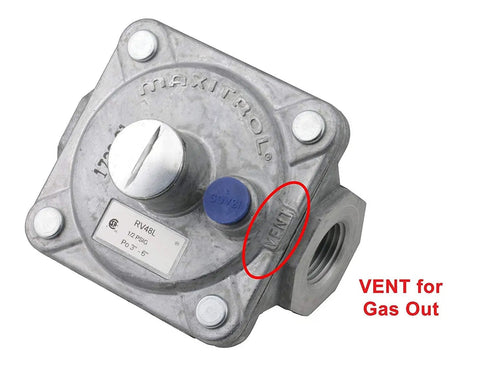 Natural Gas Regulator For Home Gas Lines With One Half Inch Female Pipe Threads And Three Quarter Inch In And Out Openings Delivers Half PSI Inlet And Three To Six Inches Water Column Outlet Rugged Steel Body Easy Install For BBQs And Furnaces, showing vent and connection points.