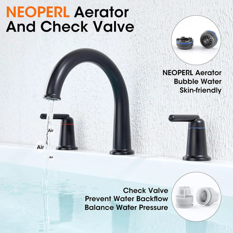 Front view of Wintap matte black bathtub faucet set, 3-hole widespread deck-mount with two handles and valve