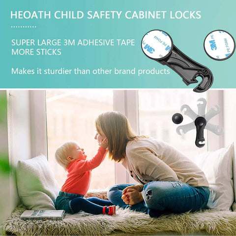 Mother and child interacting with 10 Pack Child Safety Cabinet Locks For Drawers, Fridge, Oven, Toilet Seat, And More, Simple Install Baby Proofing Latches With 10 Extra 3M Adhesives, Black For Busy Households displayed in the corner.