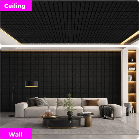 4 Pack Full Size 48X24 Acoustic Foam Panels Soundproof Wall Tiles Flame Retardant Dampener on wall and ceiling in modern room