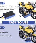 Step-by-step use of 1100 Lb Motorcycle Scissor Lift Jack With Anti Slip Center Stand And Crank Handle, lifting a yellow motorcycle.