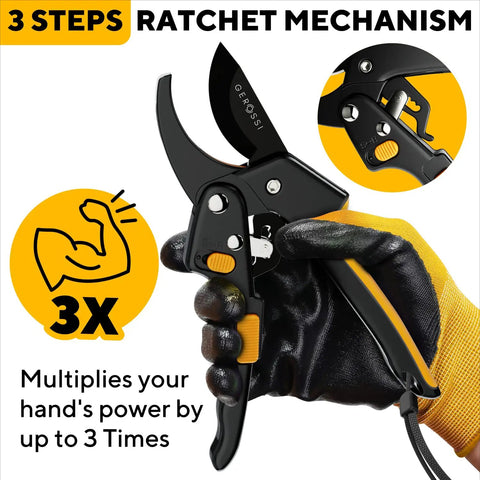 Heavy Duty Pruning Shears With Ratchet Cut For Easy Gardening, 3x Power To Tackle Thick Branches, held in gloved hand