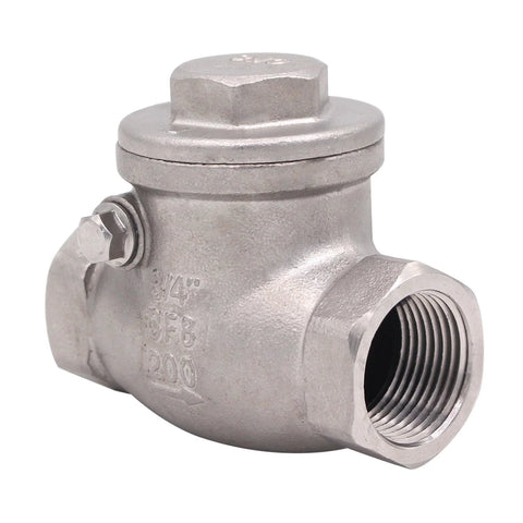 3/4-inch stainless steel swing check valve with NPT female threads; SS304 CF8M body, side bolt visible