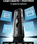 Dual USB A And USB C Portable SSD 256GB With 520MB/s Read And 450MB/s Write, black design, icons, capacity options, 3-stage design.