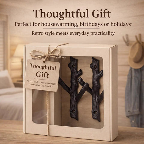 Hella Sturdy Cast Iron Tree Branch Wall Hooks Set Of Four Premium Heavy Duty Wall Mount Storage Organizers in gift packaging.