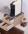 Double Tier Wooden Coffee Maker Stand With Pull Out Storage Drawer For K Cups And Capsules Countertop Brew Organizer Rack top view with coffee machine.