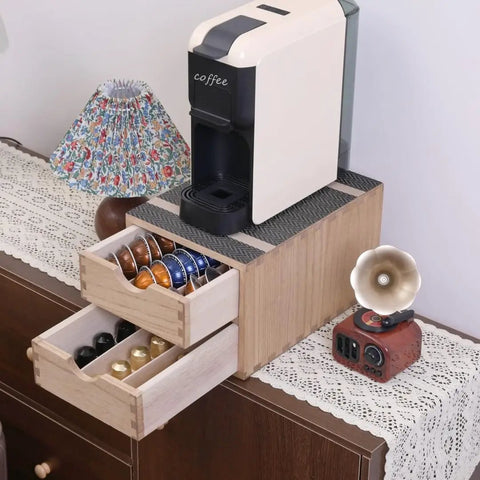 Double Tier Wooden Coffee Maker Stand With Pull Out Storage Drawer For K Cups And Capsules Countertop Brew Organizer Rack top view with coffee machine.