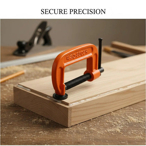 Heavy Duty Iron G Clamp With Massive 3 Inch Jaw holding two wood pieces together on a workbench during assembly.