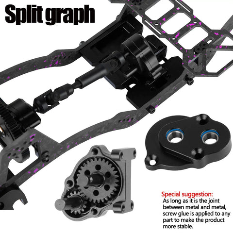 Carbon Fiber Chassis Kit With Front Mounted Transmission Upgrade For 1 By 10 RC Crawlers SCX10 SCX10 II Capra 1.9 UTB And Other DIY Builds Aluminum Gearbox Lightweight Performance Upgrade showing metal gears and assembly detail.
