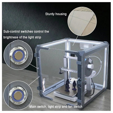 24 Inch Clear Acrylic 3D Printer Enclosure With Ventilation, Led Light, Dustproof and Noise Reduction, showing switches and fan.