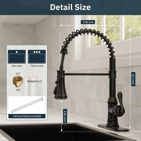 Oil Rubbed Bronze Kitchen Faucet With Pull Down Sprayer, 1 Or 3 Hole Installation, Single Handle High Arc Spout, 3 Mode Spray, dimensions shown