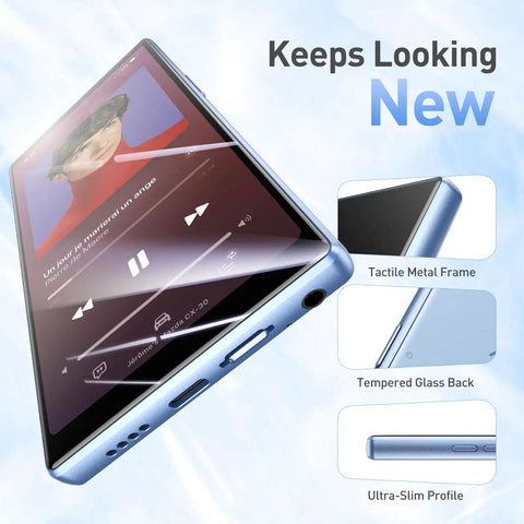 5 Inch MP3 Player With 128GB Real Storage Bluetooth And WiFi Android 13 System showing metal frame and glass back design