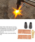 28 Pcs MIG Welding Accessories Kit With 24 Electrode Tips 0.031 Inch, 2 Gasless Nozzles, And 2 Gas Diffusers displayed with welding scene