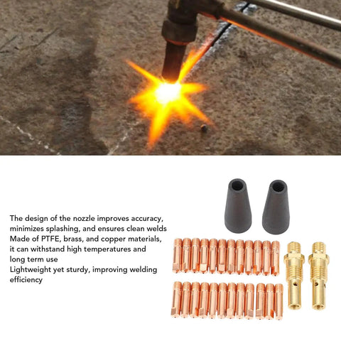 28 Pcs MIG Welding Accessories Kit With 24 Electrode Tips 0.031 Inch, 2 Gasless Nozzles, And 2 Gas Diffusers displayed with welding scene