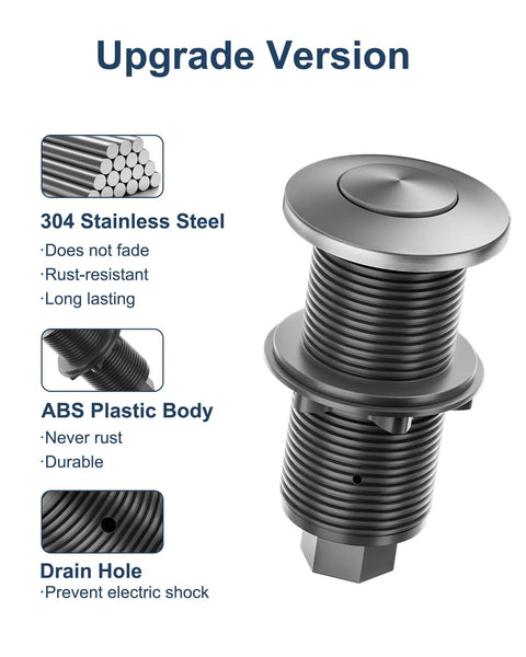 Stainless Steel Brushed Nickel Garbage Disposal Air Switch Kit with sink top button, showing durable ABS plastic body and drain hole.