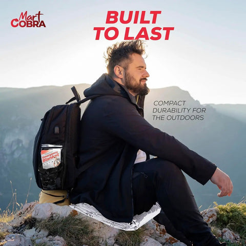Man sitting outdoors with backpack containing 4 Pack Space Mylar Blankets For Survival Gear And Cold Weather Warmth