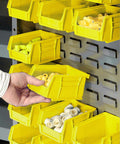 Close-up of Dope Heavy Duty Deep Door Bin Cabinet With 96 Bright Yellow Plastic Parts Organizers displaying storage bins.