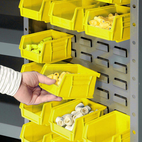 Close-up of Dope Heavy Duty Deep Door Bin Cabinet With 96 Bright Yellow Plastic Parts Organizers displaying storage bins.