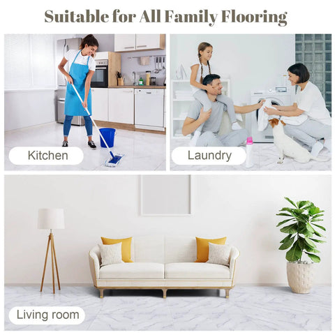 48 Pack Peel And Stick Vinyl Floor Tiles 12 By 12 Inch Dope DIY Friendly Self Adhesive Waterproof Floor Tiles For Home Upgrade Bathroom Kitchen Bedroom Living Room White Marble Look Easy Install Removable With No Residue in kitchen, laundry, and living room.
