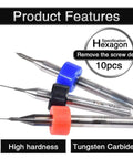 Three tungsten carbide PCB drill bits with colored rings, part of Pro Grade 10 Piece Carbide PCB Drill Bit Set From 0.1mm To 1.0mm For CNC Engraving.