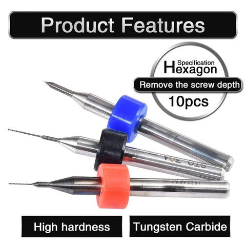 Three tungsten carbide PCB drill bits with colored rings, part of Pro Grade 10 Piece Carbide PCB Drill Bit Set From 0.1mm To 1.0mm For CNC Engraving.