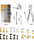 Pro-Grade Leather Rivets Kit With 480 Pieces In 3 Sizes And 4 Colors; includes tools and assorted rivets with punch tool and pliers.