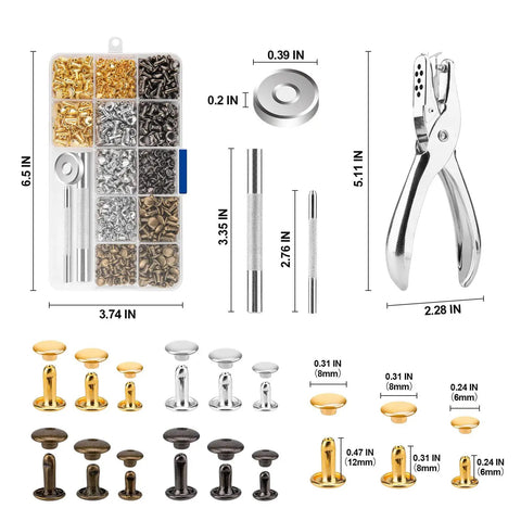 Pro-Grade Leather Rivets Kit With 480 Pieces In 3 Sizes And 4 Colors; includes tools and assorted rivets with punch tool and pliers.