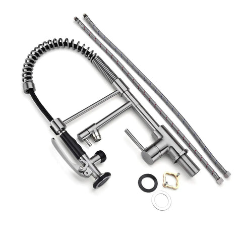 Brushed Nickel Pull Down Kitchen Faucet With Sprayer, Single Handle, Solid Brass Construction, visible disassembled parts