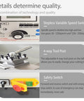 Jaryannix 8X16 Benchtop Mini Metal Lathe With Variable Speed Control And Digital Display controls showing variable speed switch and safety features.