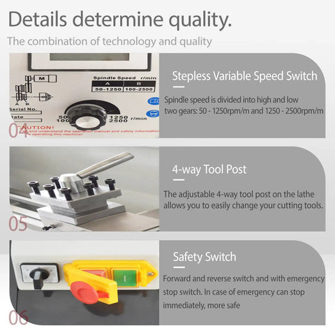 Jaryannix 8X16 Benchtop Mini Metal Lathe With Variable Speed Control And Digital Display controls showing variable speed switch and safety features.