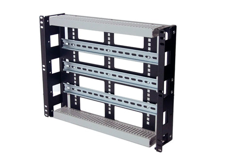 Heavy-Duty 8U DIN Rail Panel For 19 Inch Racks With 3.78 Inch Depth, 14-Gauge Steel, Removable DIN Rail, PVC Wire Duct, Adjustable Height