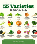 Image showcasing 55 varieties of heirloom seeds from a Survival Seed Vault With 55 Heirloom Varieties And 28000 Seeds Non GMO For Year Round Gardening Easy Germination Emergency Food Supply And A Family Friendly Garden Starter Kit For Home Growers And Greenhouse Enthusiasts, including lettuce, peas, and pumpkins.
